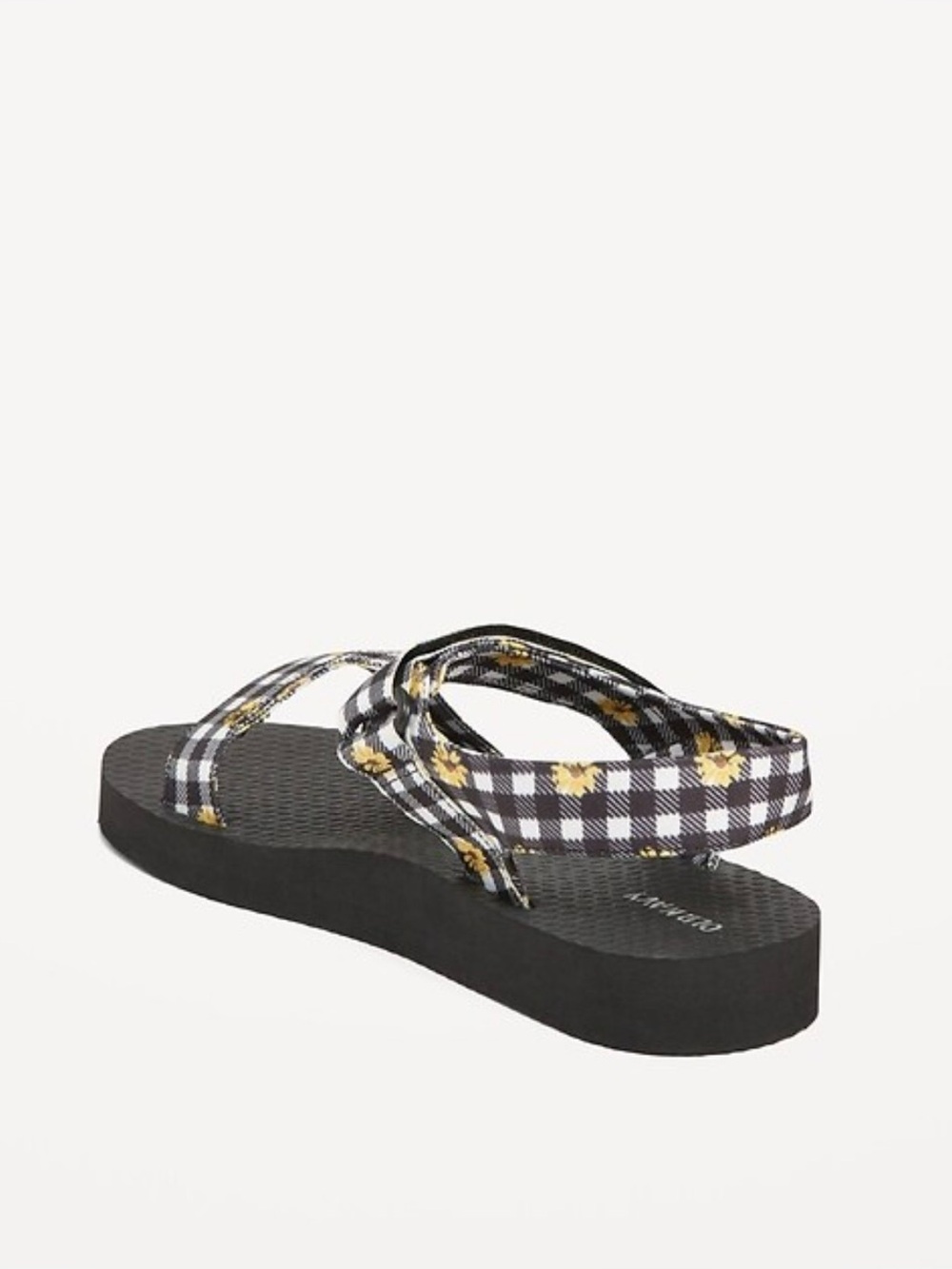 Old Navy Black Gingham Platform Flip Flop Sandals with Yellow Floral Trim